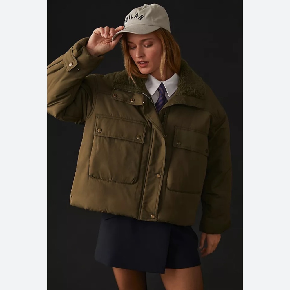 Anthropologie Pilcro Dark Olive Jacket with Faux Fur Trim XL